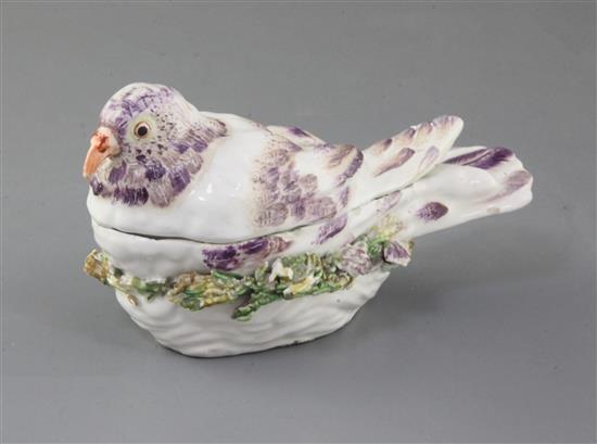 A Derby pigeon tureen and cover, c.1760, l. 17cm